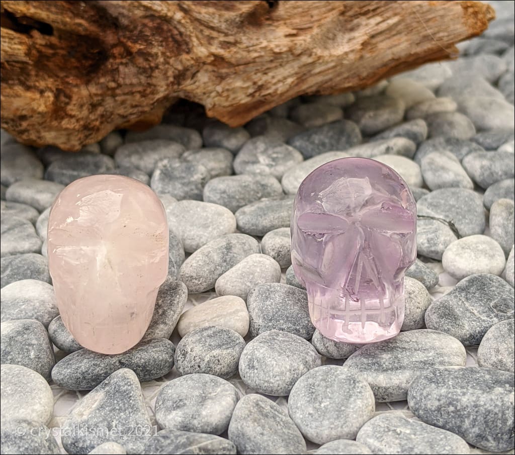 Rose Quartz and Amethyst Crystal Skulls Set Ethically Sourced Brazil