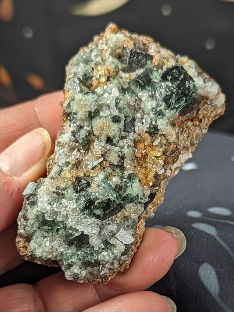 Green Fluorite with sugary yellow fluorite in matrix mined in the UK, crystals minerals healing stones rocks stones crystal shop