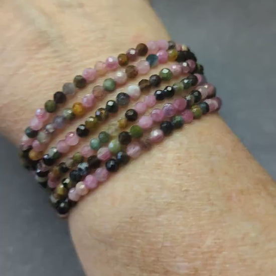 Dainty Watermelon Tourmaline crystal healing bracelet Gemstone bracelet  sourced in Brazil  4 mm faceted bead