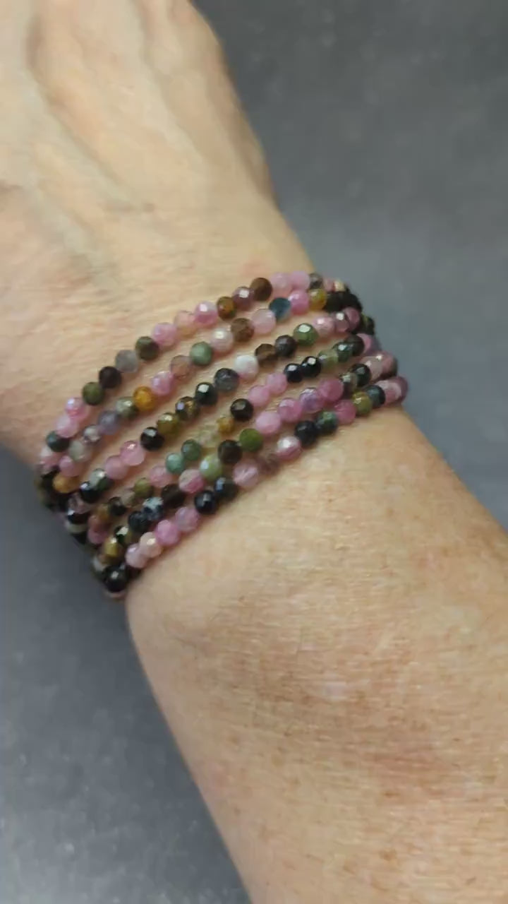 Dainty Watermelon Tourmaline crystal healing bracelet Gemstone bracelet  sourced in Brazil  4 mm faceted bead