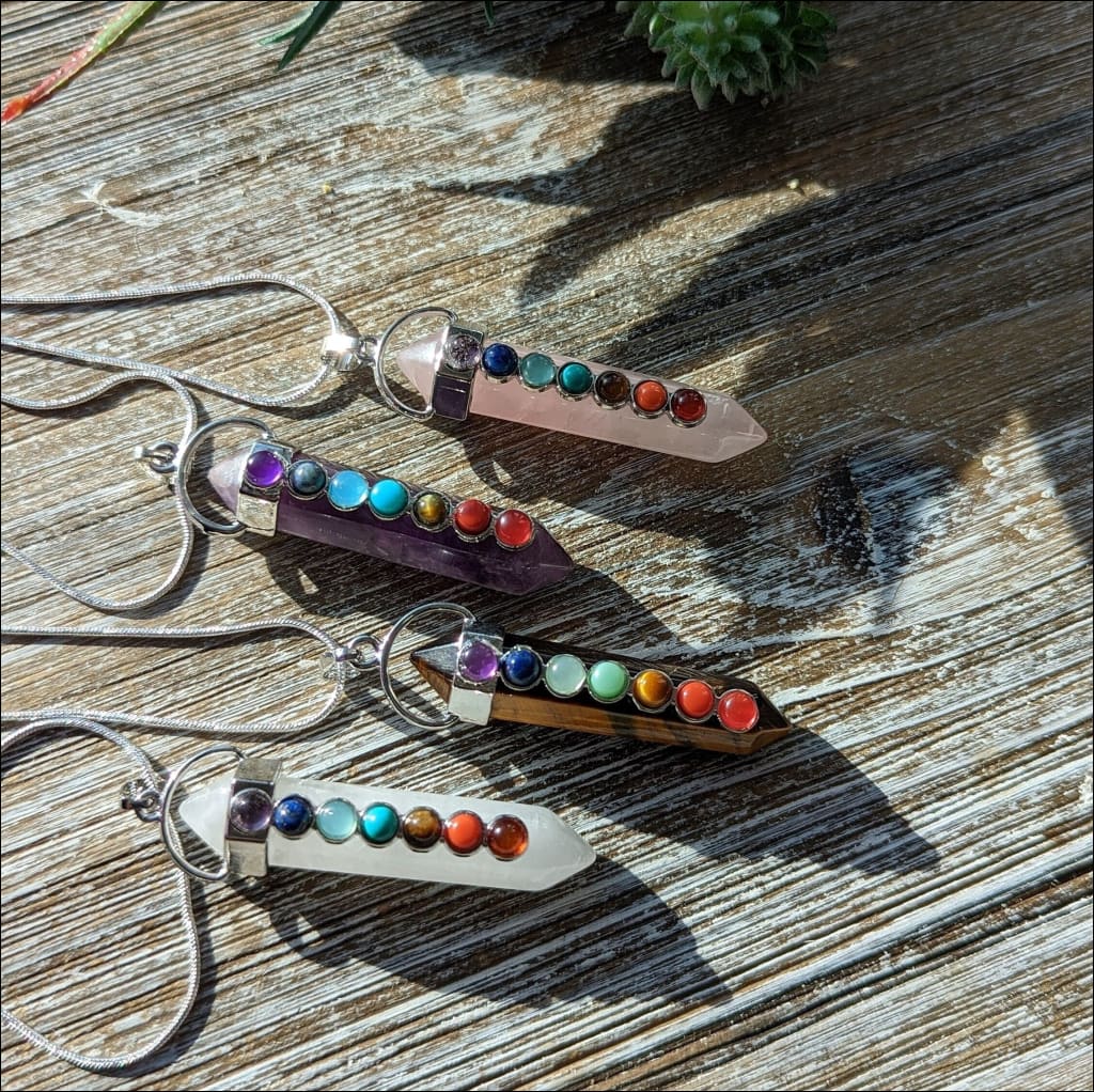Beautiful 7 Chakra necklace Rose Quartz ,Tigers Eye Amethyst Or Clear Quartz  with 925 Sterling Silver Chain