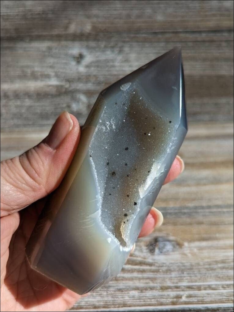 Beautiful Black and Grey Druzy Agate Tower Ethically Sourced Brazil