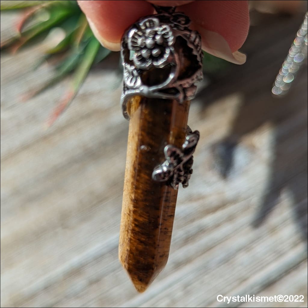 Tigers Eye 7 Chakra flower wrapped pendant necklace, Healing Crystal Necklace