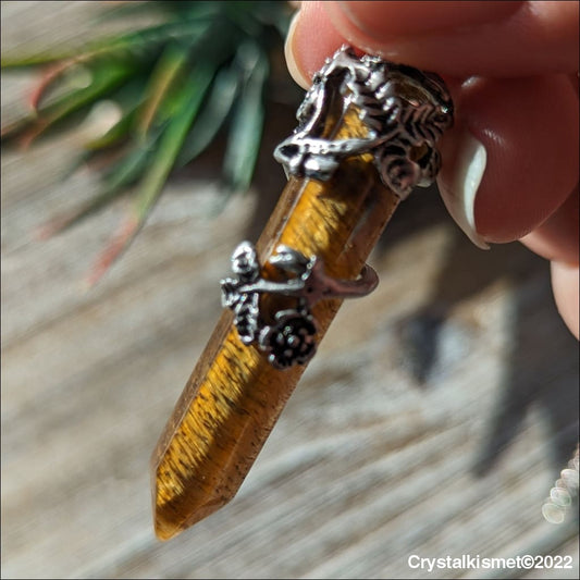Tigers Eye 7 Chakra flower wrapped pendant necklace, Healing Crystal Necklace