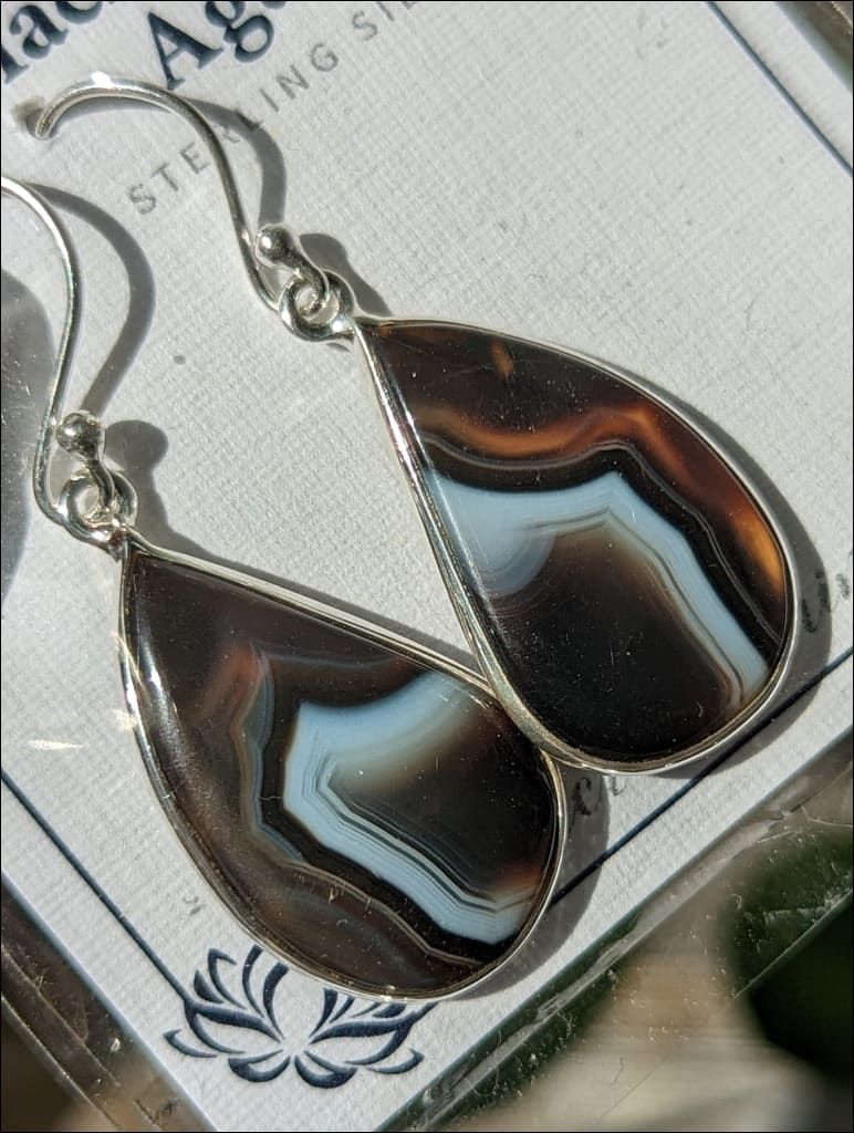 Beautiful Black Banded Agate dangle earrings 925 recycled silver ethically sourced Brazil