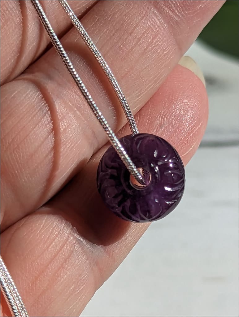 Beautiful Carved Dark Purple Amethyst single bead minimalist gemstone necklace on 925 sterling silver chain