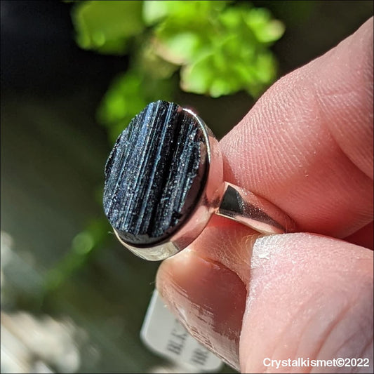 Natural Raw Black Tourmaline Ring ~ 925 Recycled Sterling Silver ~ Gemstone Ring ~ Round Shape  Size 9