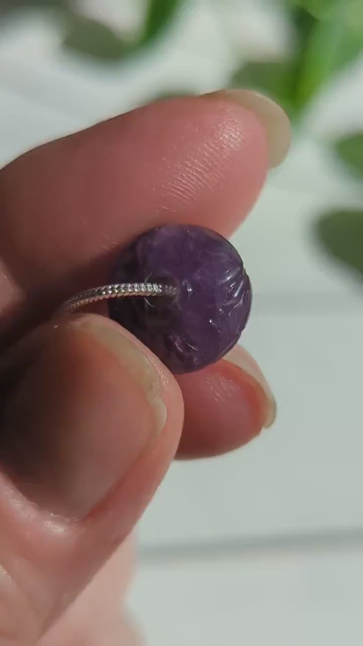 Beautiful Carved Dark Purple Amethyst single bead minimalist gemstone necklace on 925 sterling silver chain
