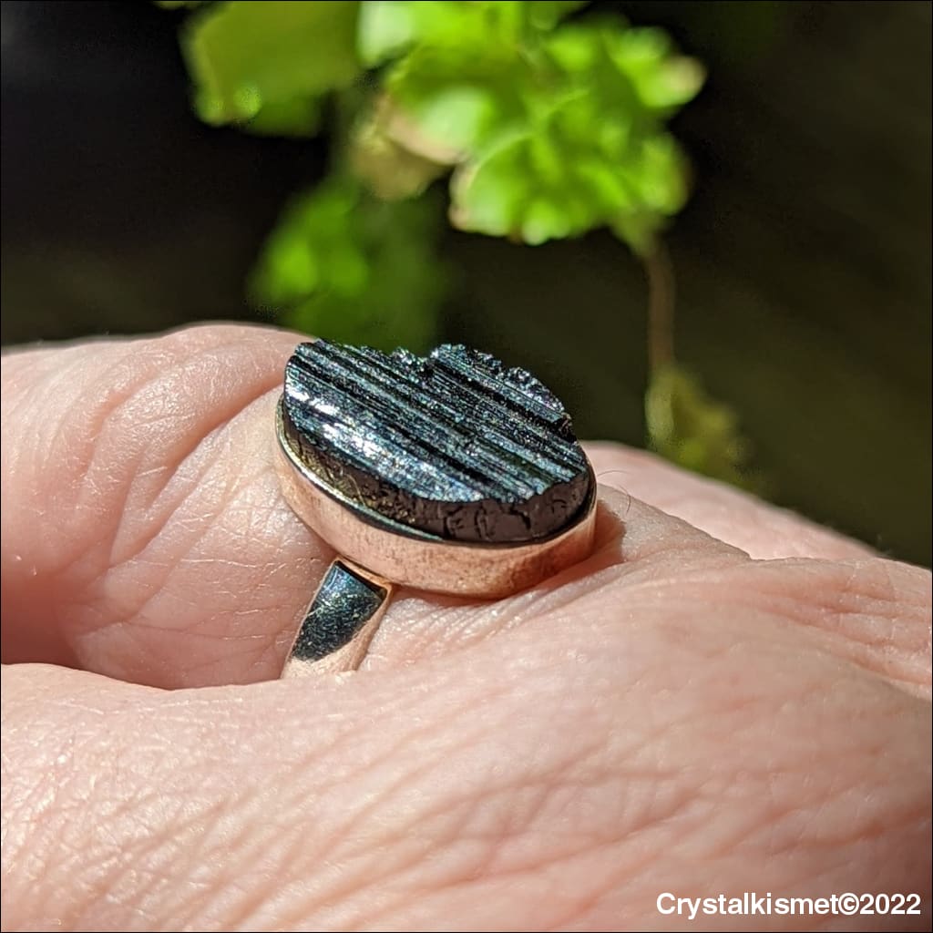 Natural Raw Black Tourmaline Ring ~ 925 Recycled Sterling Silver ~ Gemstone Ring ~ Round Shape  Size 9