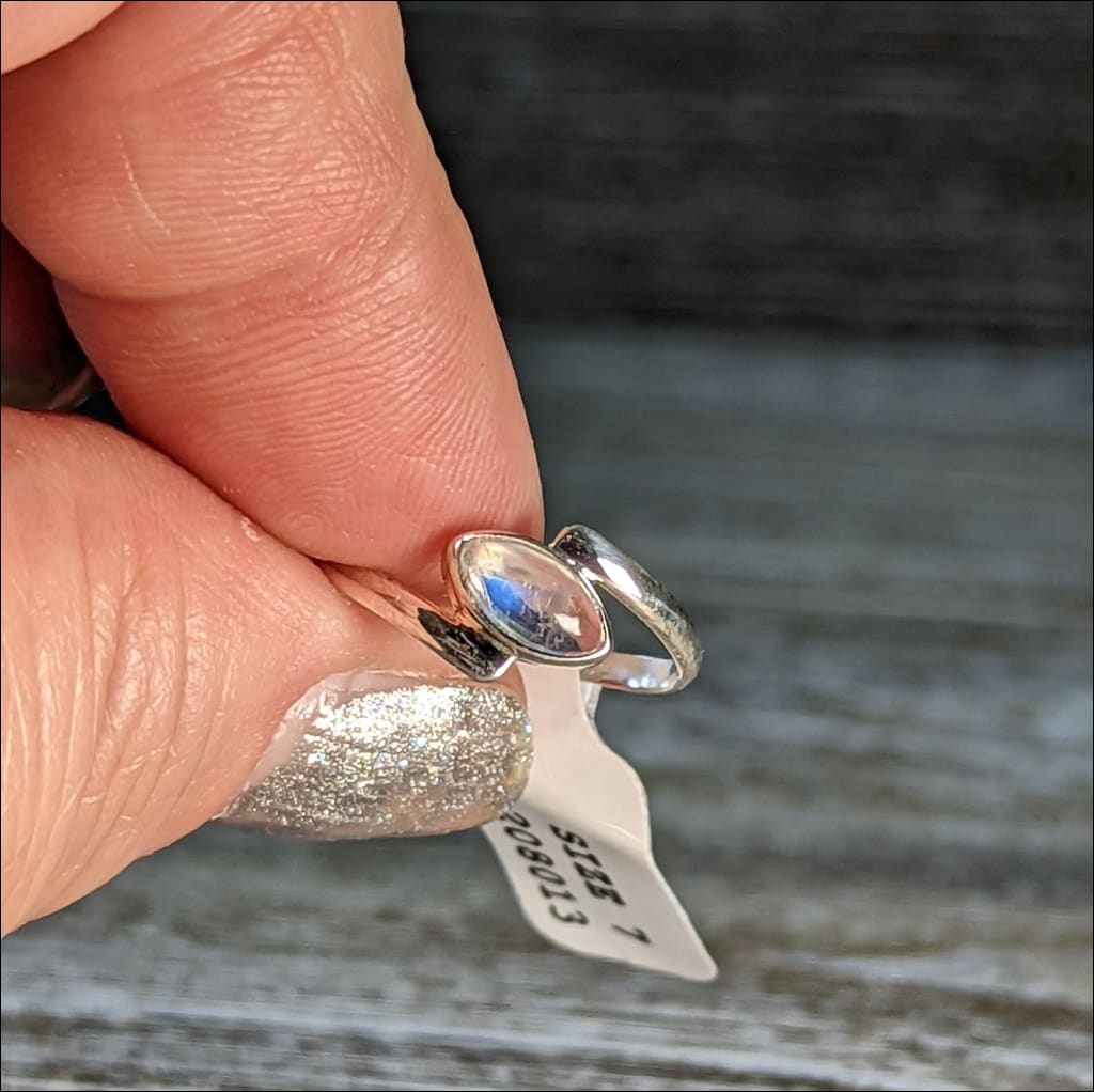 Blue Flash Moonstone Ring 925 Recycled Sterling Silver Ring ~Gemstone Ring ~ Stacking Ring ~ ethically sourced Sri Lanka ~ Marquise cut